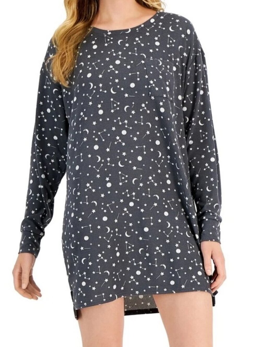 Jenni Women's Soft Long-Sleeve Sleepshirt, Gray Celestial Moon and Stars, XS